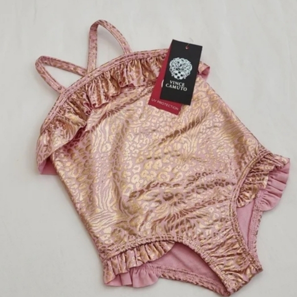 Vince Camuto Pink and Gold Ruffle Swimsuit - Picture 1 of 6